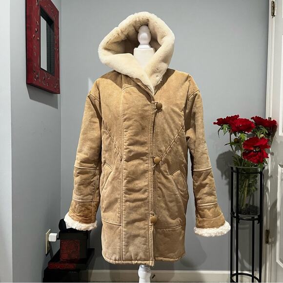 VINTAGE Charles Klein Suede Sherpa Hooded Longline Whipstitch Winter Car Coat XS - Picture 4 of 16